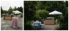 Hampton caned bar with floral arrangements and cocktail tables with Giselle linens, outdoor cocktail hour decor inspiration from Something Vintage Rentals, the U.S. East Coast’s best event rental and wedding decor company.