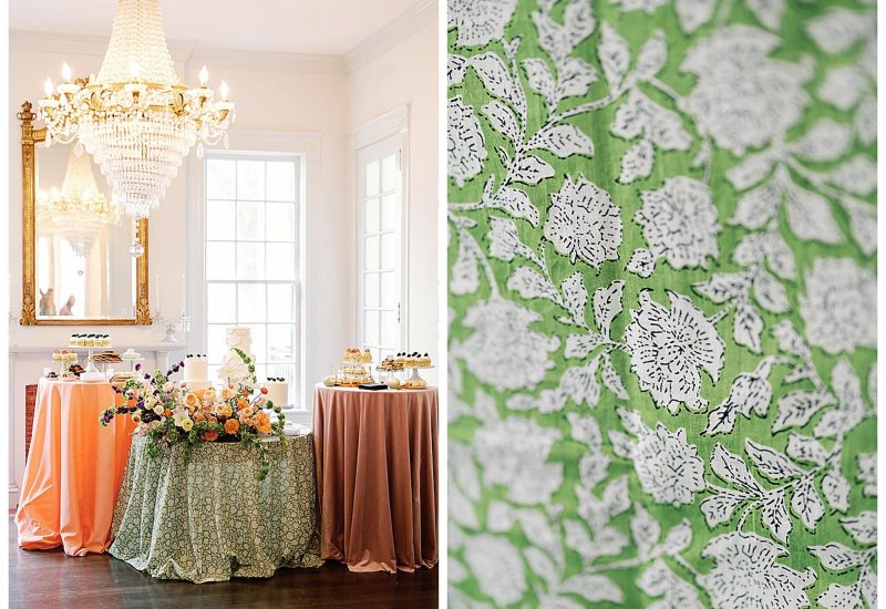 Green floral-patterned table linen with a dessert display setup, shippable linens and event decor ideas from Something Vintage Rentals, the U.S. East Coast’s best event rental and wedding decor company.