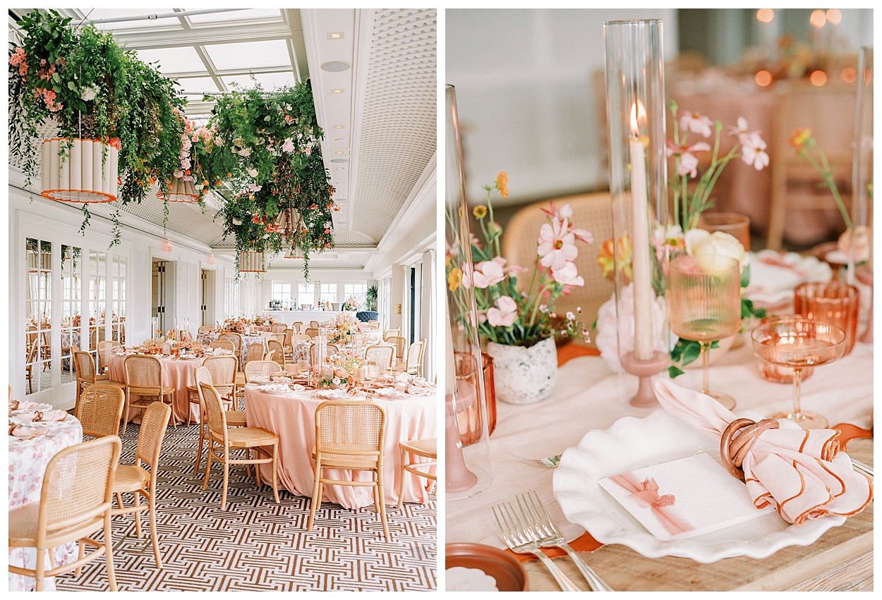 A view of a spring tablescape setup using the Aubrey Table Runners, split with a closeup of a spring tablescape in pastels and peach shades. Rentals by Something Vintage Rentals, the U.S. East Coast’s best event rental and wedding decor company.