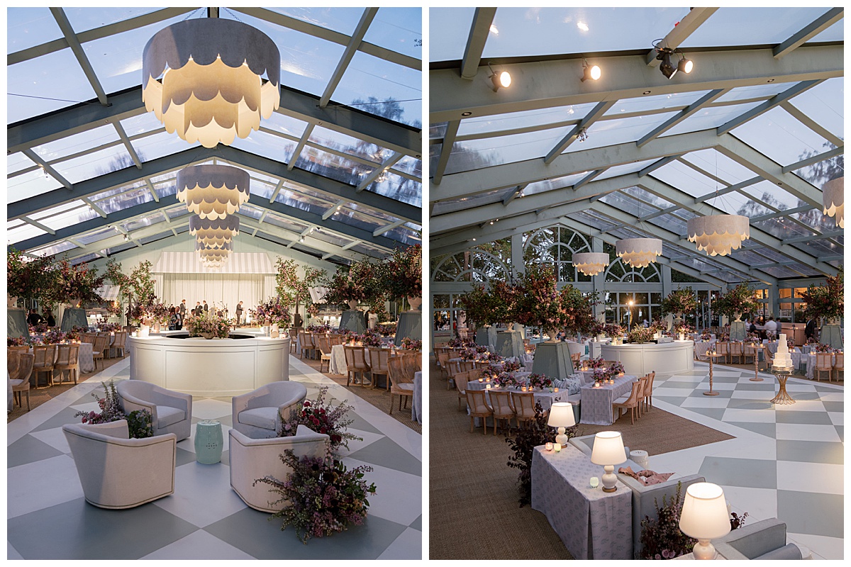 Outdoor event space with a round bar at the center and elegant seating, with scalloped hanging chandeliers.Rentals by Something Vintage Rentals, the U.S. East Coast’s best event rental and wedding decor company.