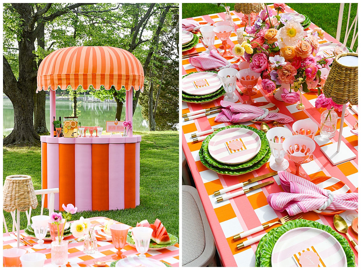 Pink and orange striped bar beside a bold checkered table with colorful florals, playful place settings, and layered glassware. Rentals by Something Vintage Rentals, the U.S. East Coast’s best event rental and wedding decor company.
