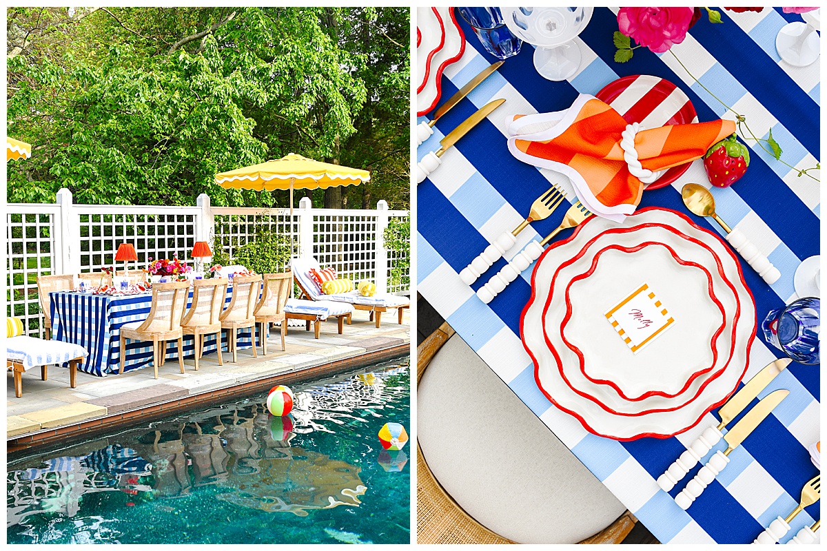 Poolside setup with a blue gingham table, natural wood chairs, and vibrant red, white, and orange tabletop details. Rentals by Something Vintage Rentals, the U.S. East Coast’s best event rental and wedding decor company.