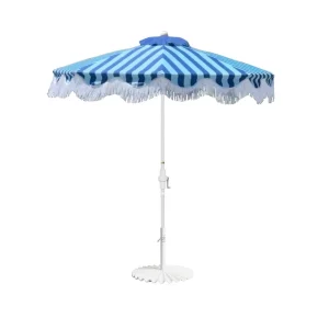 The Livia: 7.5' Blue Stripe + White Fringe Umbrella