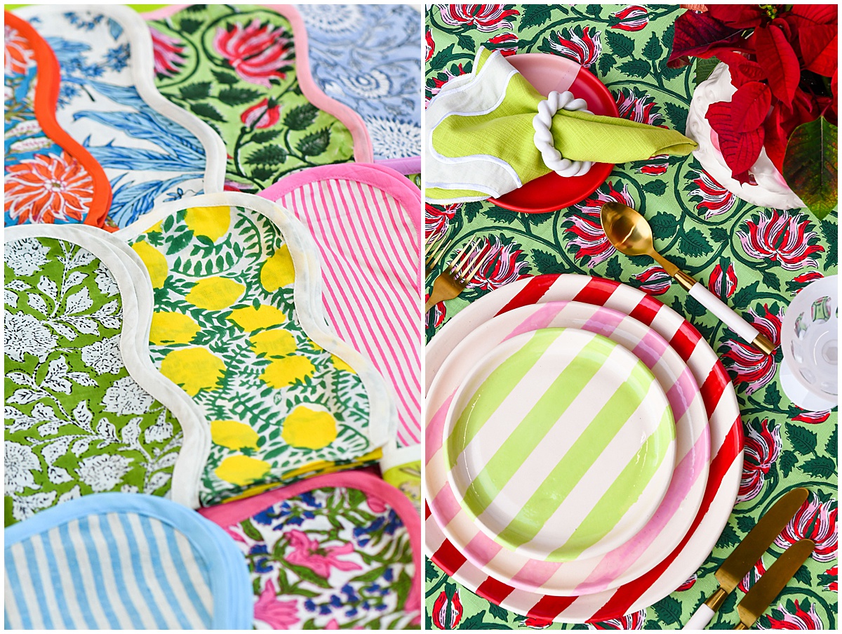 Patterned linens in yellow, green, and pink tones paired with colorful striped dinnerware and festive holiday table settings, featuring the OG linen collection from Something Vintage Rentals, the U.S. East Coast’s best event rental and wedding decor company.