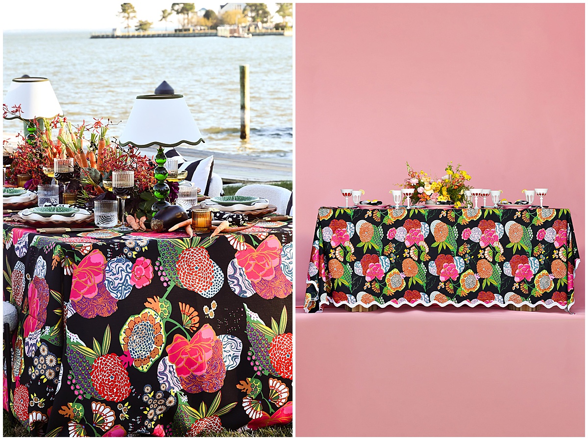 Outdoor and studio scenes showcasing the same bold floral black linen styled two ways—by the water and against a pink backdrop—highlighting the versatility of the OG linen collection from Something Vintage Rentals, the U.S. East Coast’s best event rental and wedding decor company.