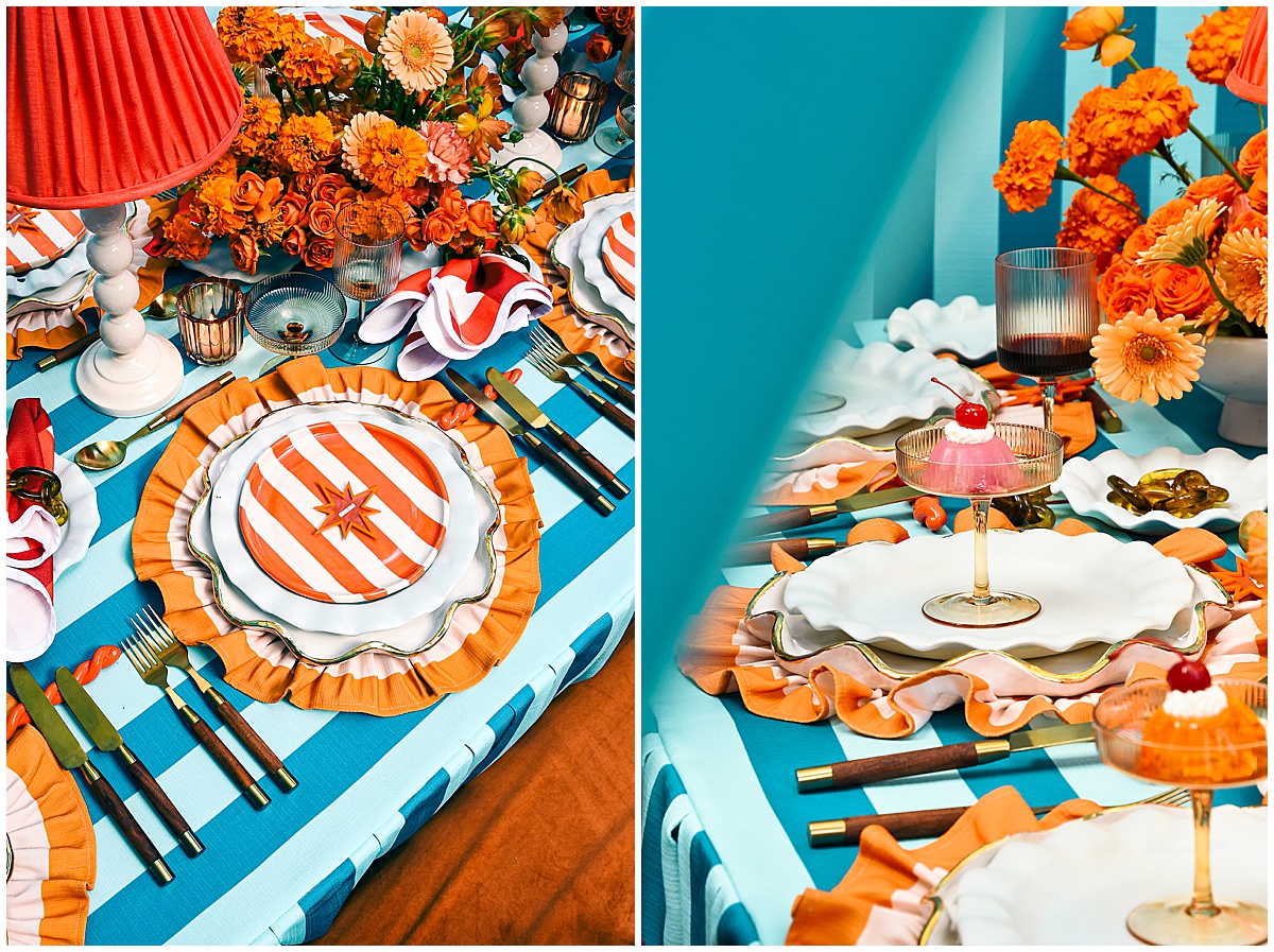 old teal striped linen with orange striped plates, scalloped chargers, ruffled napkins, and orange marigolds for 2026 wedding trends by Something Vintage Rentals