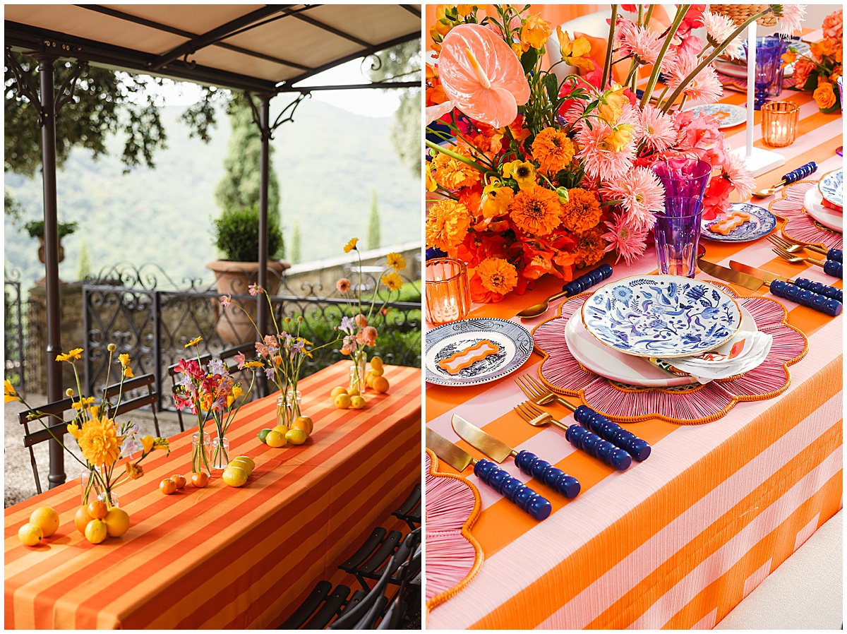 Orange and pink striped linen with blue and white china, pink fringe placemats, and bold orange florals on Italian terrace for 2026 wedding trends by Something Vintage Rentals